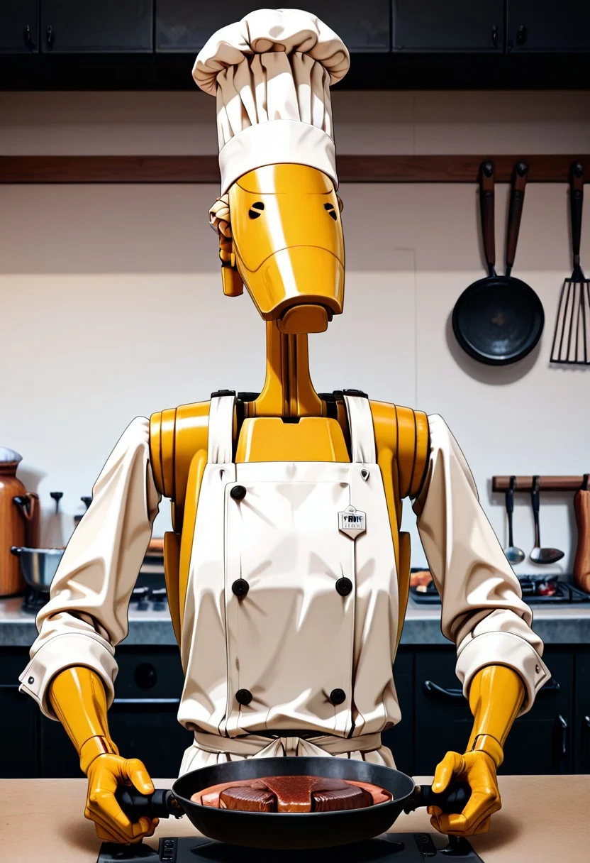 Masterpiece, absurdres, highest quality, highly detailed, newest, 8k, anime style, solo, b1bd, cl4nker, short blonde hair, chef apron, chef hat, cooking steak, detailed kitchen, holding frying pan, no humans, kitchen background, detailed background,