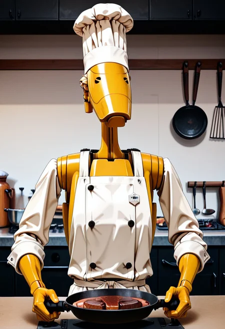 Masterpiece, absurdres, highest quality, highly detailed, newest, 8k, anime style, solo, b1bd, cl4nker, short blonde hair, chef apron, chef hat, cooking steak, detailed kitchen, holding frying pan, no humans, kitchen background, detailed background,
