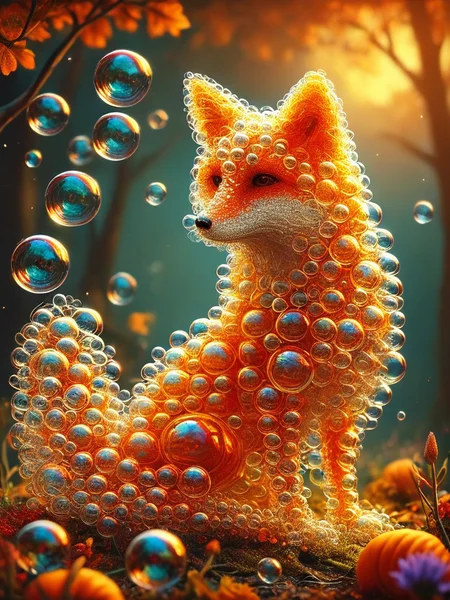 very detailed Fox made of soapbubbles, awesome appearance, magical landscape with enchanted elements, fantasy art style, pumpkin orange theme, intricate details, ultra sharp, exquisite detail, flawless composition, vivid colors, masterpiece, exciting background <lora:bubbles_lora_xl_webui:1>