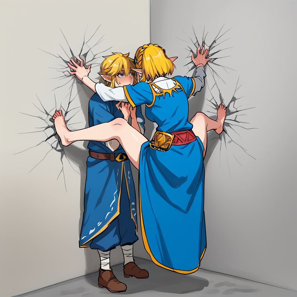 score_9, score_8_up, score_7_up, score_6_up, score_5_up, score_4_up, zPDXL2,source_anime,rating_questionable,1girl, 1boy, anonymous male,  <lora:cicada_block_meme:0.8> c1c4d4, kabedon, against wall, princess zelda, blonde hair, short hair, blue outfit,