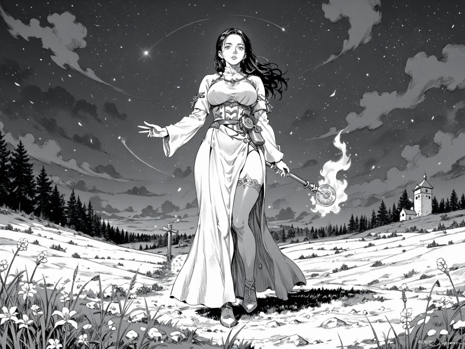 mature woman, purple eyes, black hair, long hair, red mage outfit, large breasts, wide hips, thick thighs, grass field, highleg, thighhighs, solo, frost magic, night,
, <lora:Berserk:0.8>, score_9, score_8_up, score_7_up, zPDXL3, monochrome, greyscale