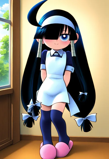 <lora:rukuruku_IL:1>rukuruku, 1girl, solo, long hair, looking at viewer, smile,
blue eyes, very long black hair, white hair bow, white hairband, blunt bangs, hair over one eye, hair tubes, low-tied long hair,
black dress, ahoge, black thighhighs, white apron, zettai ryouiki, black thighhighs, slippers,
arms behind back,
BREAK indoors, bedroom,