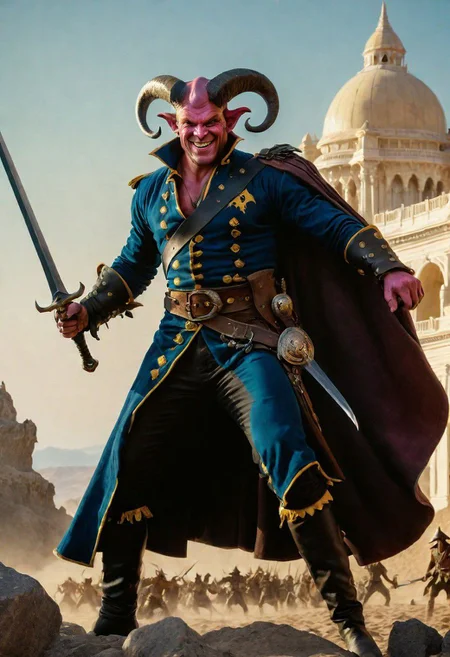 A hyperrealistic 8k photograph was captured by Sid Avery's Hasselblad camera, depicting close-up a handsome+ Tiefling swashbuckler with pink++ skin and slender build during a battle+++, surrounded by goblins++, He has a bald head, neon yellow eyes, calm++ and handsome detailed face, cold smile++, mysterious and ominous aura of dark shadows enveloping the figure, Lovecraftian Horror-themed, in the artistic style of Boris Vallejo, Shadows casting an uncanny atmosphere, hints of eldritch dark energy crackling, He is dressed in a musketeer outfit, high details and era-appropriate, He is wielding a radiating Backsword+ in the right hand, and he is holding a rodela shield+++ in the left hand, Backdrop (background) of a focused scene of a battle with goblins next to a white-marble palace, Mysterious composition, imbued with a dark, ambient 3d warm studio backlight.