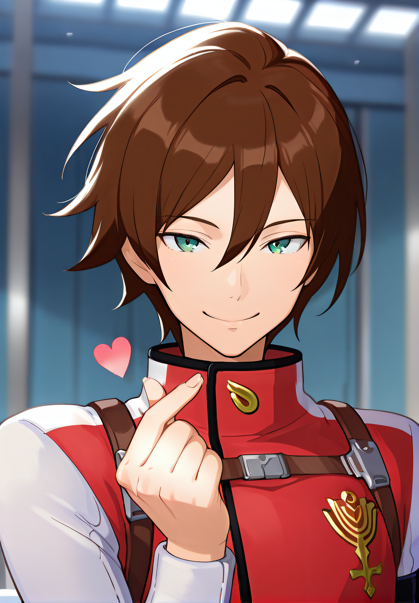 masterpiece, best quality, highres, newest, official artstyle, extremely detailed CG, 1boy, solo, <lora:LArc_Bright_Lagoon:1>, LArc, brown hair, green eyes, red uniform, white sleeves, looking at viewer, upper body, smile, finger heart, hand up, looking at viewer