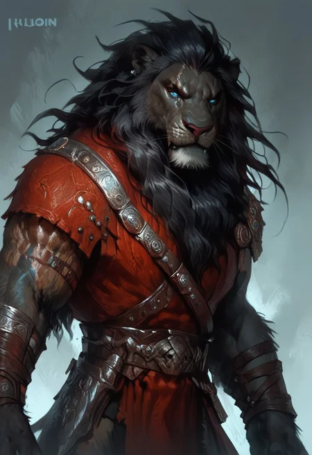 score_9, score_8_up, score_7_up, (Scar), (Leonin), (Sabertooth). (werelion), (Lion), simple stormy background, blue glowing eyes, (barbarian), massive, hulking, male, 1man, solo, berserker outfit, (menacing), wraithful, frenzy, rage, (barbarian outfit), (viking outfit), red outfit, barbarian bone jewelry, red wapaint, red runic tatoos, standing up straight, calm face, (black fur), black hair, (black lion mane), (black mane), long hair, closed mouth, cowboy shot
