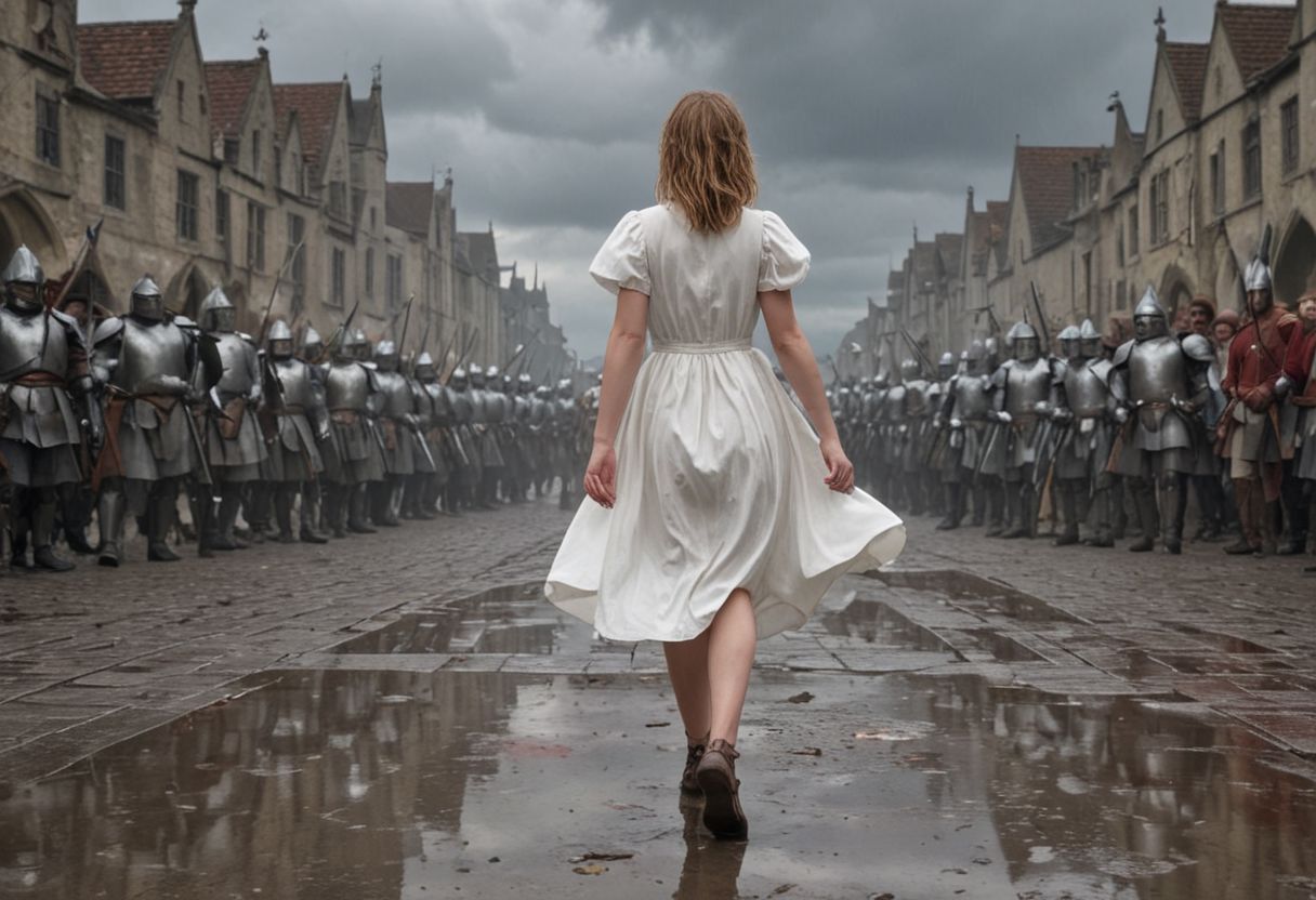 1 female child with an army of knights.
(the female child is happy in clean white dress) runs with a white flower in her hand towards background (facing away) from camera. back turned.
(The Army of Knights is covered with blood and wounds), marching from right to left in background.
Masterpiece, DonMSt34mPXL, Realistic Lightning, Cinematic Lightning, Dark Lightning, Rain, Puddle, Clouded Sky, medieval, fantasy, pedestrians, Cape, Reflection, 1girl, army