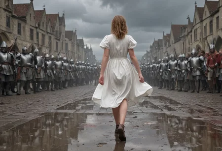 1 female child with an army of knights.
(the female child is happy in clean white dress) runs with a white flower in her hand towards background (facing away) from camera. back turned.
(The Army of Knights is covered with blood and wounds), marching from right to left in background.
Masterpiece, DonMSt34mPXL, Realistic Lightning, Cinematic Lightning, Dark Lightning, Rain, Puddle, Clouded Sky, medieval, fantasy, pedestrians, Cape, Reflection, 1girl, army