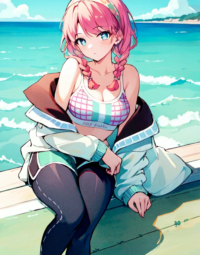<lora:ArknightsBluepoison3in1:0.7>
(((masterpiece))),((ultra-detailed)),
ShoalBeat, 1girl, solo, breasts, shorts, leggings, braids, off shoulder jacket, sports bra, hairband, beside the sea, sneakers,
pink hair, symbol-shaped eyes,