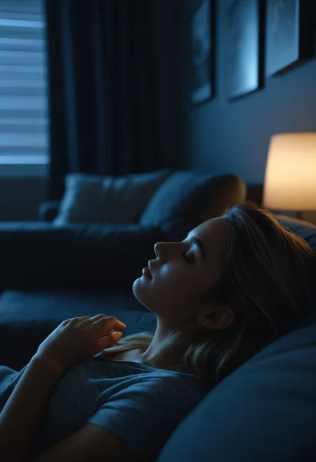 ultra highres,absurdres, (best quality, ultra detailed),dark,cinematic angle,cinematic lighting, cinematic angle,
A girl relaxing in her room and dozing off on the couch,detaled face