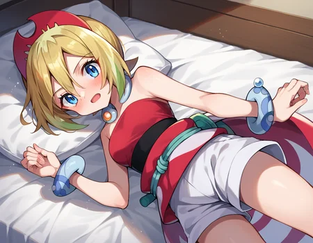 score_9, score_8_up, score_7_up, source_anime,
pokemonirida, <lora:pokemon-irida-ponyxl-lora-nochekaiser:1>
pokemonirida, blonde hair, blue eyes, hair between eyes, medium hair,
bracelet, hat, jewelry, neck ring, red headwear, red shirt, sash, shirt, shorts, strapless, strapless shirt, waist cape, white shorts,
indoors, bed, bed room, on side, blush, drunk,
looking at viewer, cowboy shot, dutch angle,