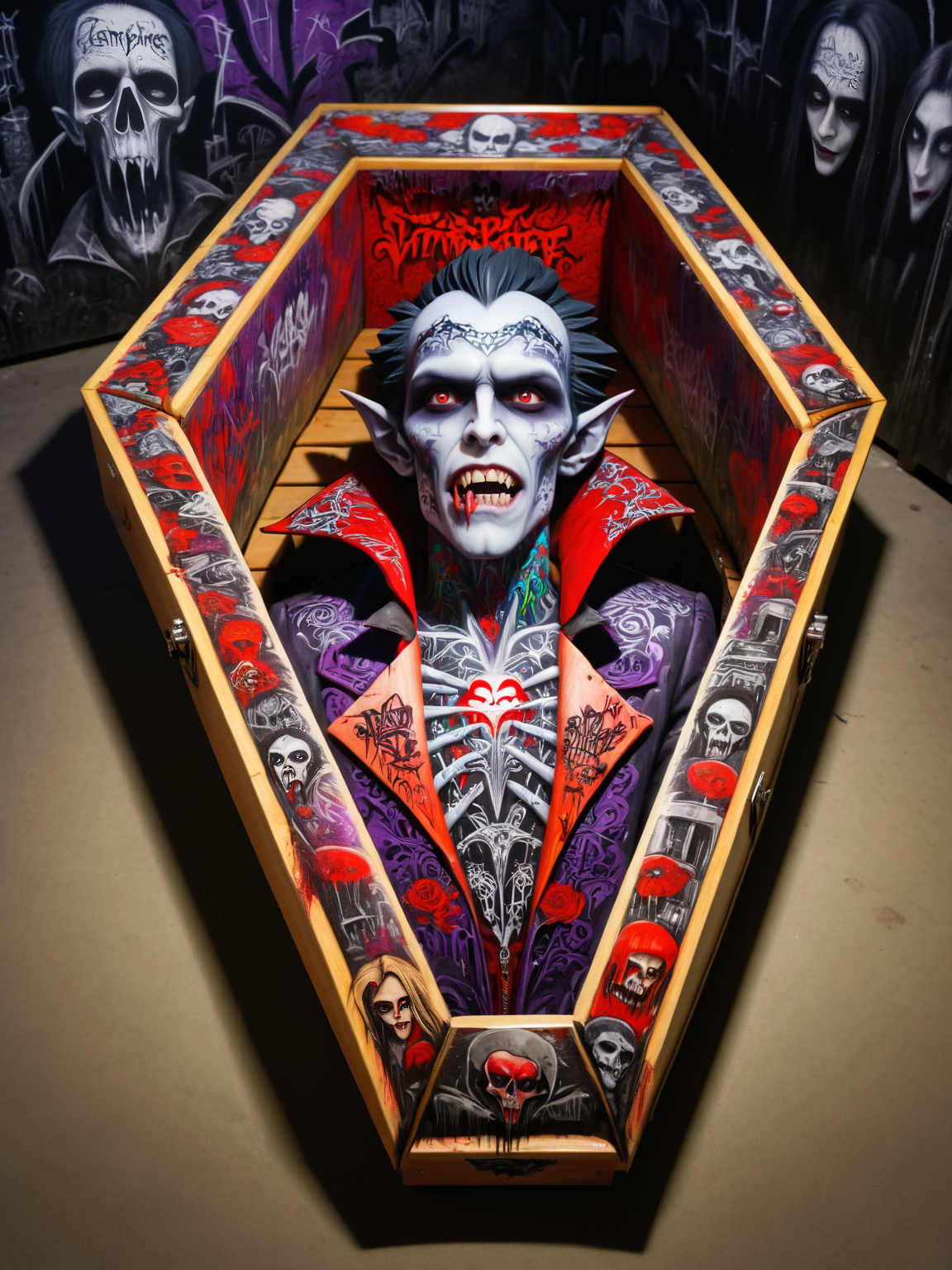 a ais-graffiti vampire in his coffin <lora:Graffiti_SDXL:1>