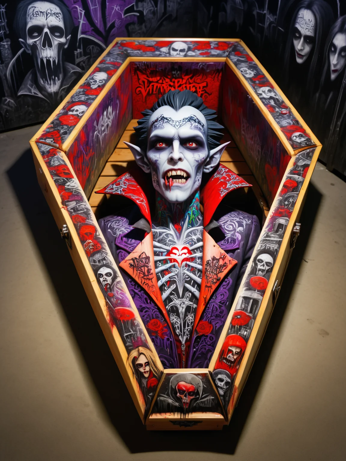 a ais-graffiti vampire in his coffin <lora:Graffiti_SDXL:1>