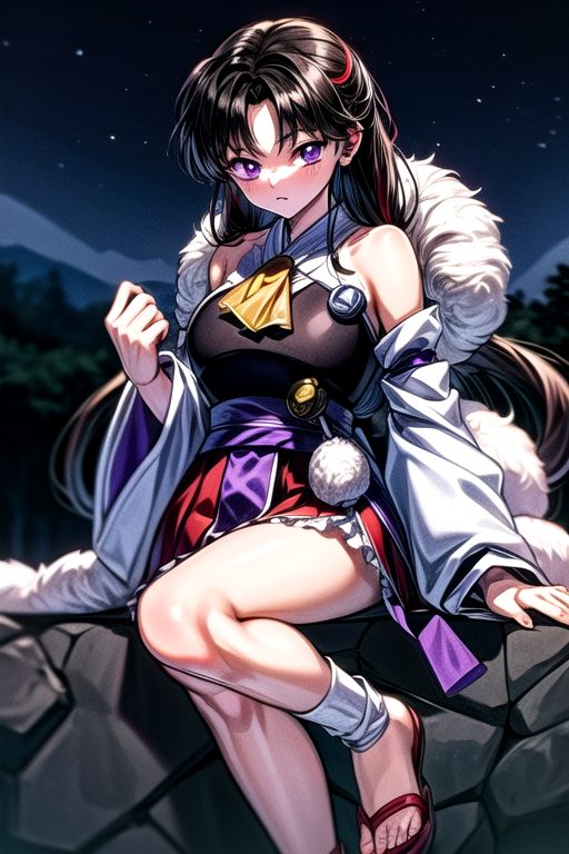 masterpiece,  best quality 1girl Setsun4 solo long hair,  (night time) forest background black hair very long hair purple eyes multicolored hair armor (fur trim) (medium body),<lora:EMS-179-EMS:0.800000>,<lora:EMS-293862-EMS:0.800000>ascot, bare shoulders, black footwear, detached sleeves, embellished costume, frills, japanese clothes, nontraditional miko, red skirt, sandals, sarashi, skirt, socks, white sleeves, white socks, wide sleeves, yellow ascot, zouri, armor, miko