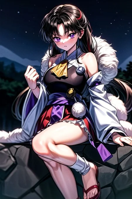 masterpiece, best quality 1girl Setsun4 solo long hair, (night time) forest background black hair very long hair purple eyes multicolored hair armor (fur trim) (medium body),<lora:EMS-179-EMS:0.800000>,<lora:EMS-293862-EMS:0.800000>ascot, bare shoulders, black footwear, detached sleeves, embellished costume, frills, japanese clothes, nontraditional miko, red skirt, sandals, sarashi, skirt, socks, white sleeves, white socks, wide sleeves, yellow ascot, zouri, armor, miko