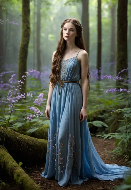 A young woman with long, flowing hair stands confidently and curiously in an enchanting, dark forest illuminated by the soft glow of purple fireflies. She is wrapped in a gown of linen and dried leaves, with intricate floral embroidery and thigh-high socks, which contrast beautifully with the mystical surroundings. The forest is alive with bioluminescent flowers that emit a gentle, ethereal light, casting an otherworldly glow on her serene face. The atmosphere is magical and mysterious, with a subtle, magical mist swirling around her. The scene is tranquil yet filled with a sense of wonder, as she gazes thoughtfully into the distance, surrounded by the enchanting beauty of the forest. (luc14nn4, freckles on her nose, long hair, brown hair, expressive blue eyes, soft pale skin.)