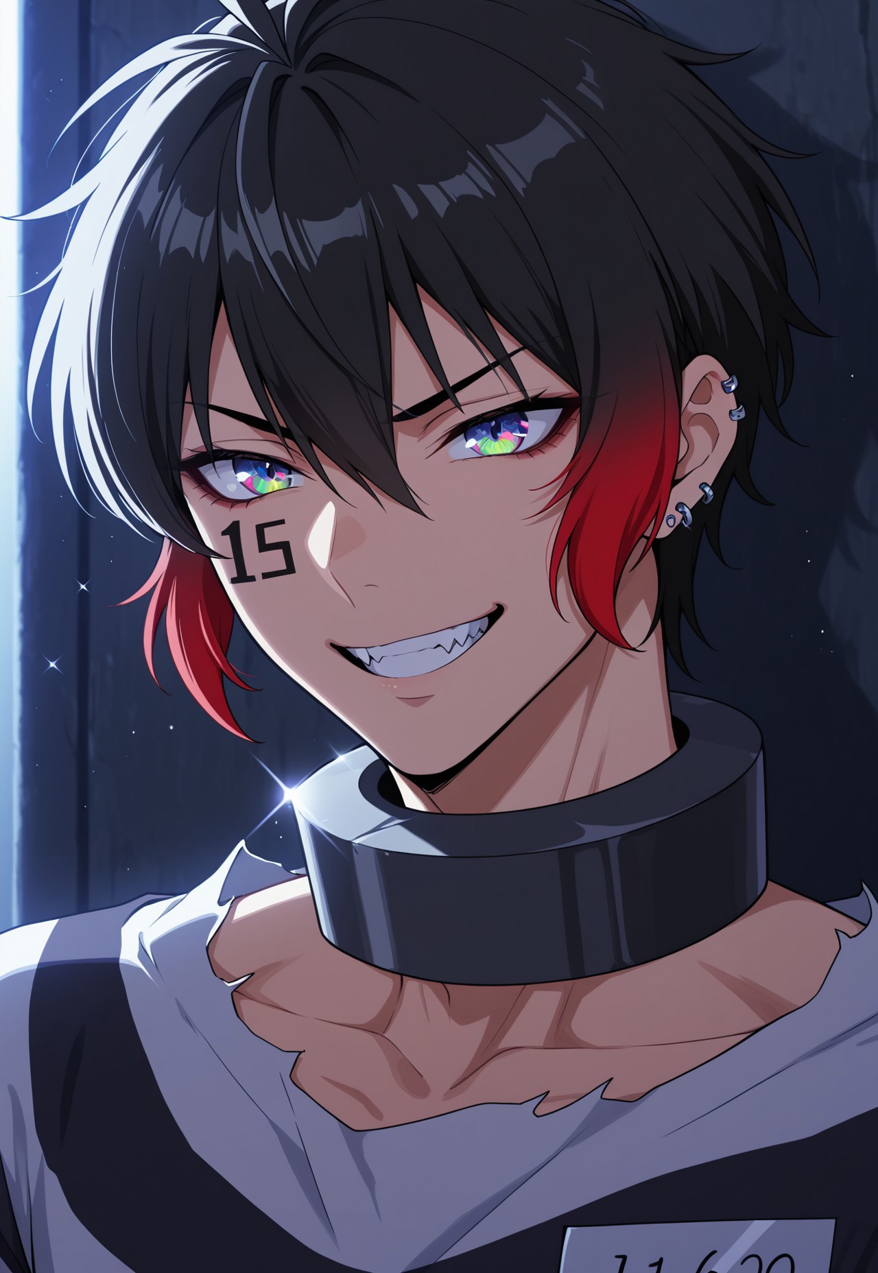 masterpiece, best quality, amazing quality, very aesthetic, absurdres, ultra-detailed, highly detailed, intricate details, newest, soft rim lighting, prison cell, dark, BREAK
NBJyugo, 1boy, two-tone hair, black hair, red hair, short hair, rainbow eyes, multiple earrings, facial tattoo, number tattoo, sparkling aura, metal collar, cuffs, name tag, number, prison clothes, jumpsuit, frayed clothes, grin, fangs, portrait