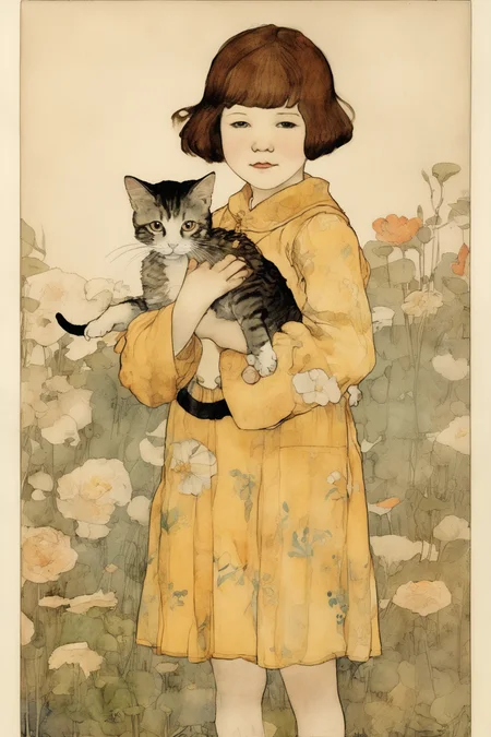 Jessie Willcox Smith Style - a little girl from the 1920 with bobbed hair holding a kitten in Henry Darger and Ayami Kojima style.