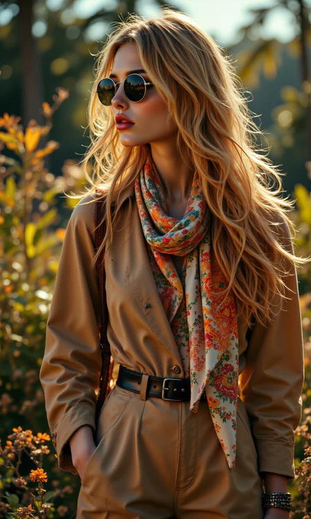 A 1970s fashion editorial featuring a French model in Yves Saint Laurent's iconic safari jacket, paired with wide-legged trousers and a leather belt. The model stands in a lush tropical setting, with large sunglasses and a scarf tied around her hair, embodying the safari chic trend of the decade. Natural lighting with warm tones, soft shadows, photorealistic, ultra-high definition. <lora:FLUX.1-DEV_-_Wild_1970s_Fashions_LoRA:0.8>, <lora:midjourney_whisper_avant_couture_v01:0.6>,
break
perfectly smooth jawline, no cleft chin, soft and defined chin, symmetrical and elegant facial features, well-balanced proportions, delicate and flawless face, smooth skin texture, sharp yet gentle jawline, natural beauty, high cheekbones, soft jaw curves, sleek, even facial structure, harmonious face symmetry, no dimples or clefts, clean and graceful profile, refined and polished appearance, seamless jawline transition, fine facial detail,
break
poised lean pose, captured in motion, three-quarter view, straight-on, slight tilt, mid-range, centered subject, ruffled clothing, looking away,
break
8k, vibrant photorealistic color scheme, intricate fabric textures, soft bokeh for depth, warm tones with subtle shadows, natural light filtering through the scene, high dynamic range, slight lens flare, fine grain film effect, Rembrandt-style lighting, fashion editorial finish. aidmafluxpro1.1, <lora:aidmaFluxPro1.1Stylev0.2:0.7>, midjourney_whisper, <lora:midjourney_whisper_flux_lora_v01:0.5>, velvet_myst, <lora:Midjourney_Whisper_Chromaplex_Velvet_Myst_v01:0.2>,