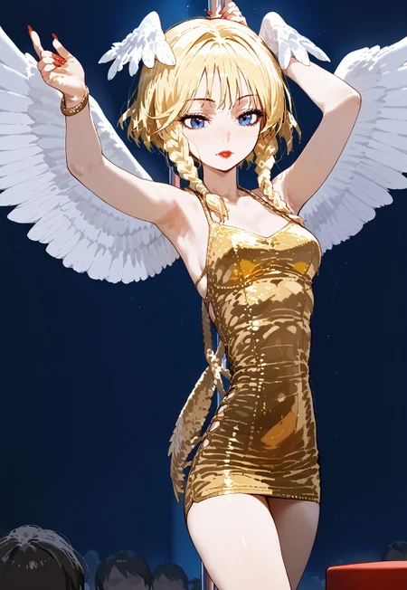 GEN, score_9, score_8_up, score_7_up,source_anime, high res image,masterpiece,best quality, rating safe
red nail polish, red fingernails, red lipstick
1girl, microdress, solo,
pole dancing, gold dress,
OchOU, blonde hair, short hair, side braids, twin braids, blue eyes, head wings, white wings, feathered wings, angel wings,