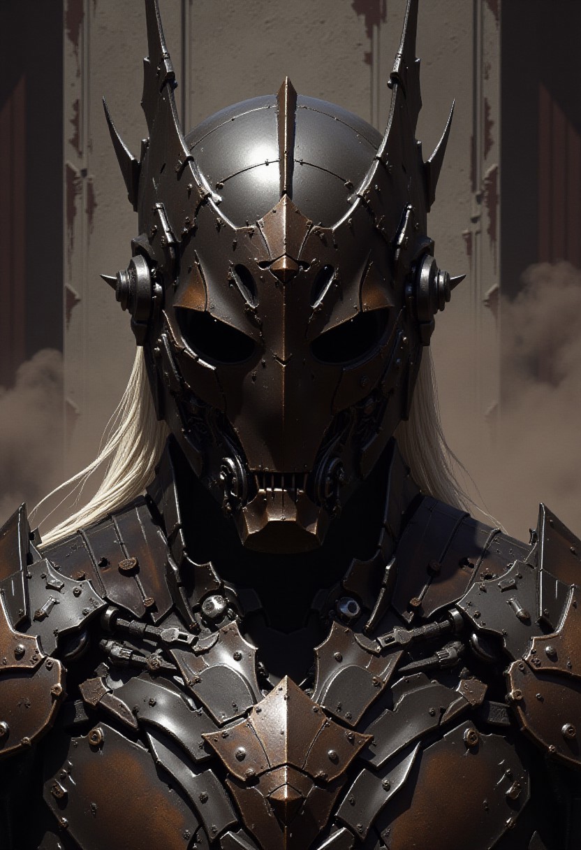 detailed renaissance oil painting, masterpiece, FredFraiStyle, Photorealistic portrait of a faceless android warrior. Features a striking helmet design with a sharp, central V-shaped faceplate made of matte black segmented plates, converging to a point. Flanked by tall, slender, slightly curved fin-like antennae/crests rising vertically. Extremely intricate mechanical neck and upper torso visible, showcasing layered dark gunmetal plating, exposed actuators, wiring, and complex joints. Contrasting white or silver synthetic cables resembling long hair flow down from the helmet base. Set against a gritty, out-of-focus industrial or urban decay background. Cinematic lighting, hyperrealistic textures, shallow depth of field