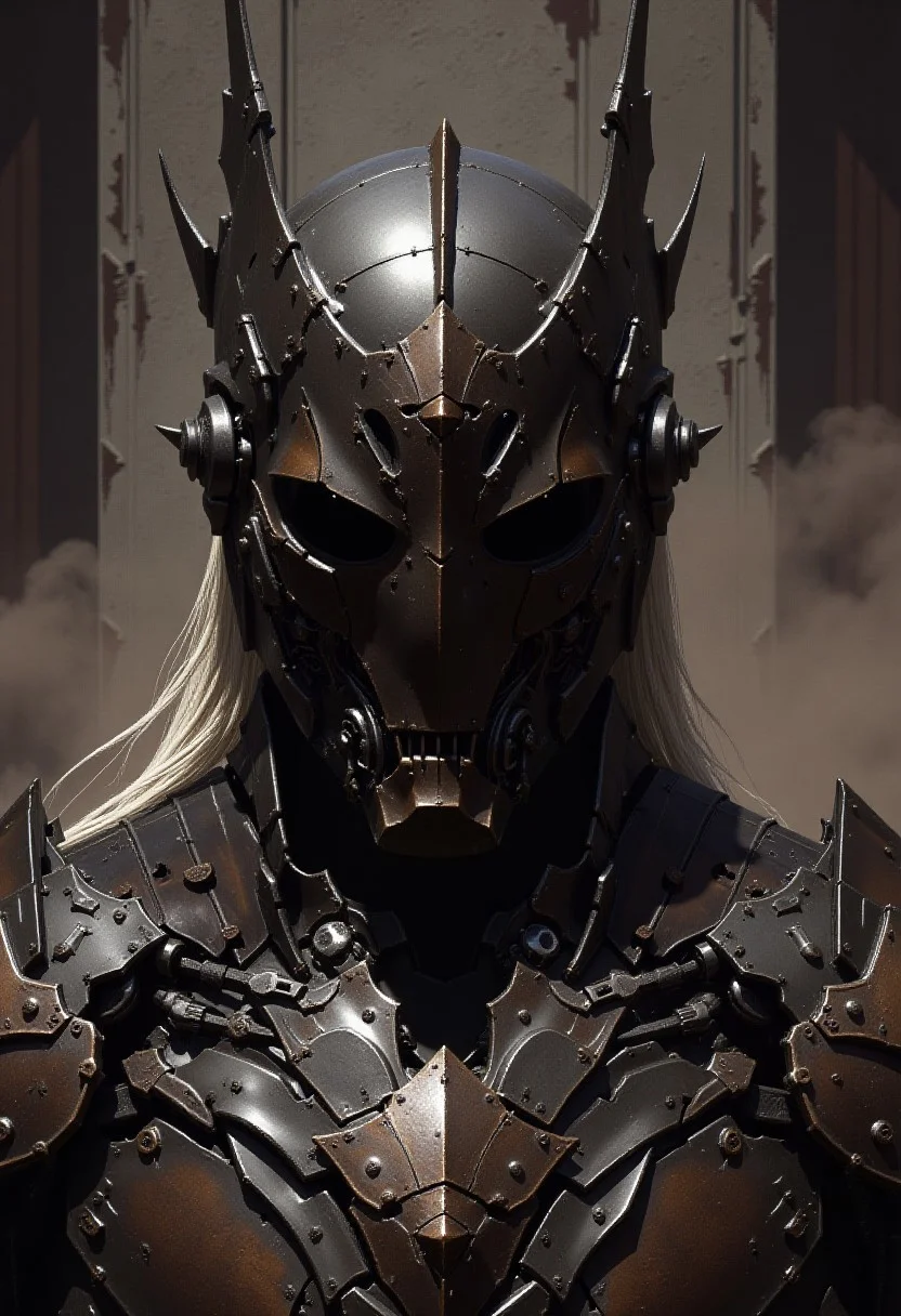 detailed renaissance oil painting, masterpiece, FredFraiStyle, Photorealistic portrait of a faceless android warrior. Features a striking helmet design with a sharp, central V-shaped faceplate made of matte black segmented plates, converging to a point. Flanked by tall, slender, slightly curved fin-like antennae/crests rising vertically. Extremely intricate mechanical neck and upper torso visible, showcasing layered dark gunmetal plating, exposed actuators, wiring, and complex joints. Contrasting white or silver synthetic cables resembling long hair flow down from the helmet base. Set against a gritty, out-of-focus industrial or urban decay background. Cinematic lighting, hyperrealistic textures, shallow depth of field