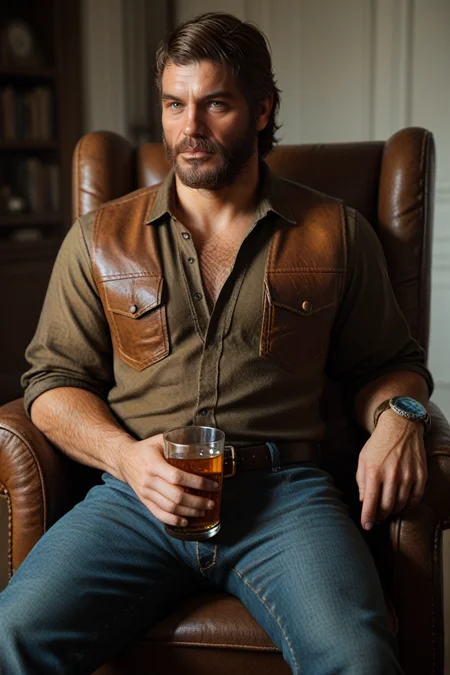score_9, score_8_up, score_7_up, score_6_up
<lora:TLOUJoel:1.0>
TLOUJoel, 1boy, brown hair, beard, looking at viewer, reclining in a classic leather armchair, with a glass of whiskey in hand