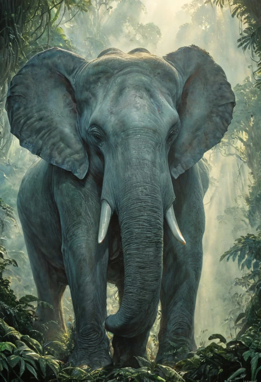 (Highly detailed), (hyper-realistic), ArsMJStyle, Colored pencil hyperdetailed realism – A colossal elephant stands proudly in the center of a misty rainforest, its massive frame casting a shadow over the dense undergrowth. The elephant’s wrinkled skin is rendered with incredible detail, each fold and texture showing the wear of its years. Its long, curved tusks gleam in the soft light that filters through the mist, and its wise, deep-set eyes gaze calmly into the distance. The lush jungle around it is alive with vibrant green foliage, and distant calls of other animals echo through the trees, creating a harmonious, primal atmosphere.