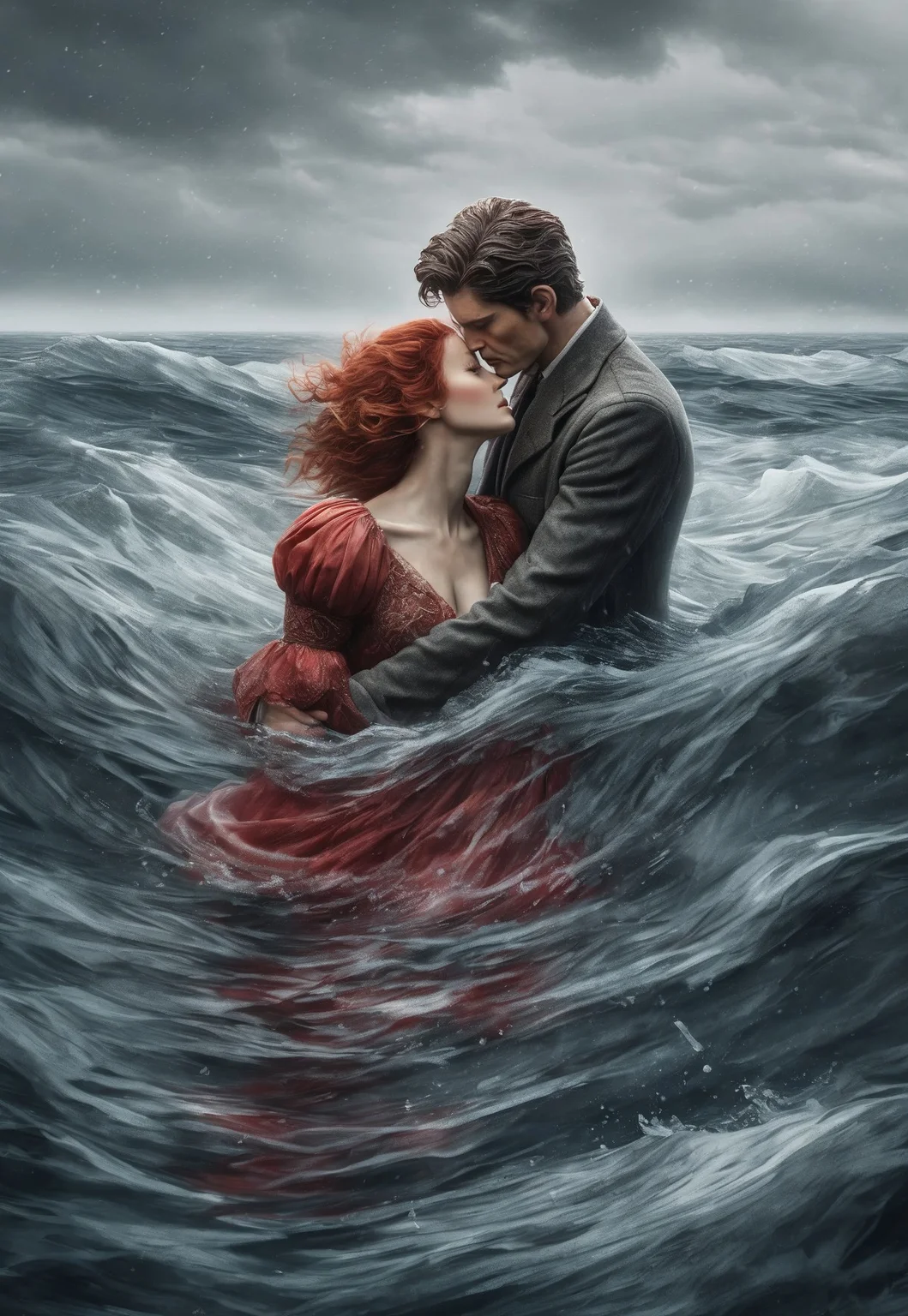A surreal and emotional scene set in the icy waters of the Atlantic Ocean, inspired by the Titanic movie, showing a man with dark hair and a rugged appearance kissing a woman with flowing red hair, both dressed in early 20th-century clothing. They are submerged in the water, surrounded by the wreckage of the Titanic, with dark, swirling water and icebergs around them. The ocean is vast, cold, and mysterious, with the water gently swirling as they hold each other in an intimate, tender moment. The scene is cinematic, hyper-realistic, 8K resolution, with detailed facial expressions conveying deep emotion, surreal lighting, and a dramatic, moody sky in the background.