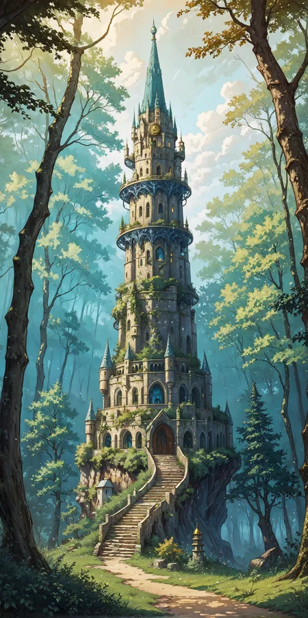 oil painting of a a wizard's tower in a clearing in the woods, a wizard tower that is topped with a glass and steel dome magical forest with silver and gold leaves detailed and intricate a winding stone path leads to the tower