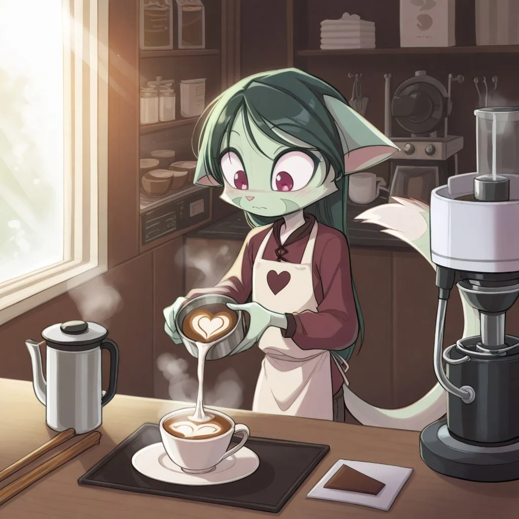 score_9, score_8_up, score_7_up,lilith_calah,
1girl,solo,furry,tail,dark green hair, source_furry,
 ,<lora:lilith_calah_illustrious:0.8>,
child, kid, 
pouring steamed milk into a latte, creating a heart shape. A cinnamon stick rests on the saucer, and sunlight glints off the espresso machine, cafe, latte, steam, heart_shape, cinnamon, saucer, espresso_machine, apron, countertop, barista, coffee_cup, sunlight