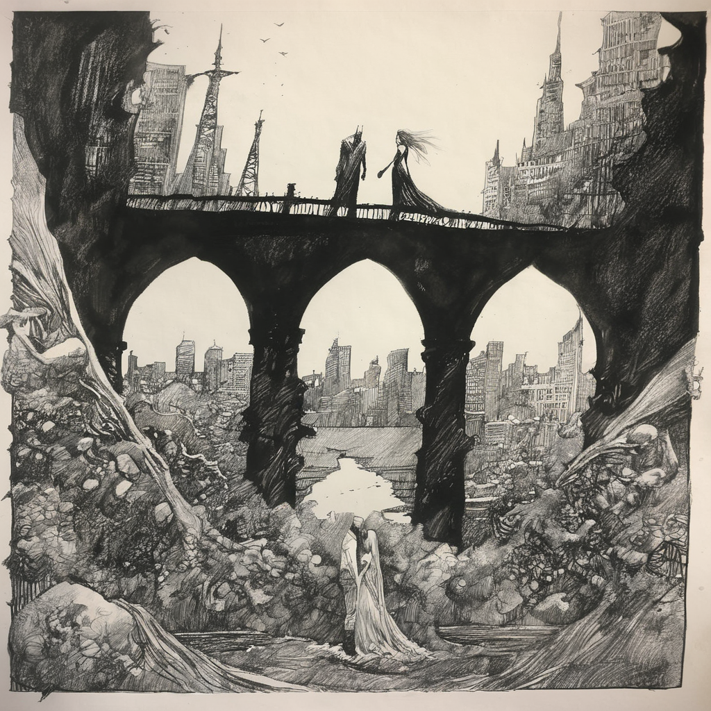 drawix20 lovers on the bridge in demon city, very detailed, black ink <lora:drawix20:1>