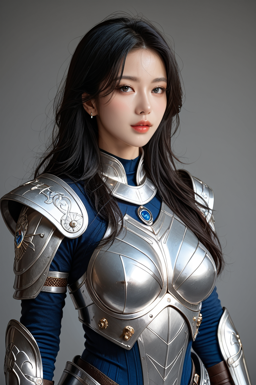 A fierce female warrior with long, flowing black hair, her armor etched with glowing blue circuits and electronic chip, stands in the heart of a digital nexus. Surrounding her is a vortex of luminous circuitry, casting intricate patterns of light on her armor. The scene is rendered with photorealistic detail, the lighting capturing the interplay between the metallic textures and the pulsating blue energy of the digital backdrop. <lora:add-detail-xl:0.5>, <lora:Expressive_H-000001:1.2>, <lora:IzayoiLycoXL:0.3>, embedding:pureerosface_v1, A stunning real medium breasts Korean woman with long flowing dark hair, her piercing gaze directly addressing the viewer. score_9, score_8_up, score_7_up,  (ultra HD quality details), High Fashion,
