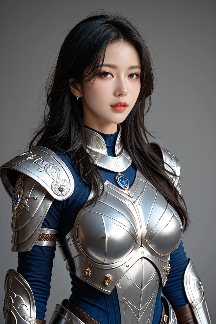 A fierce female warrior with long, flowing black hair, her armor etched with glowing blue circuits and electronic chip, stands in the heart of a digital nexus. Surrounding her is a vortex of luminous circuitry, casting intricate patterns of light on her armor. The scene is rendered with photorealistic detail, the lighting capturing the interplay between the metallic textures and the pulsating blue energy of the digital backdrop. <lora:add-detail-xl:0.5>, <lora:Expressive_H-000001:1.2>, <lora:IzayoiLycoXL:0.3>, embedding:pureerosface_v1, A stunning real medium breasts Korean woman with long flowing dark hair, her piercing gaze directly addressing the viewer. score_9, score_8_up, score_7_up, (ultra HD quality details), High Fashion,