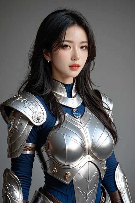 A fierce female warrior with long, flowing black hair, her armor etched with glowing blue circuits and electronic chip, stands in the heart of a digital nexus. Surrounding her is a vortex of luminous circuitry, casting intricate patterns of light on her armor. The scene is rendered with photorealistic detail, the lighting capturing the interplay between the metallic textures and the pulsating blue energy of the digital backdrop. <lora:add-detail-xl:0.5>, <lora:Expressive_H-000001:1.2>, <lora:IzayoiLycoXL:0.3>, embedding:pureerosface_v1, A stunning real medium breasts Korean woman with long flowing dark hair, her piercing gaze directly addressing the viewer. score_9, score_8_up, score_7_up, (ultra HD quality details), High Fashion,