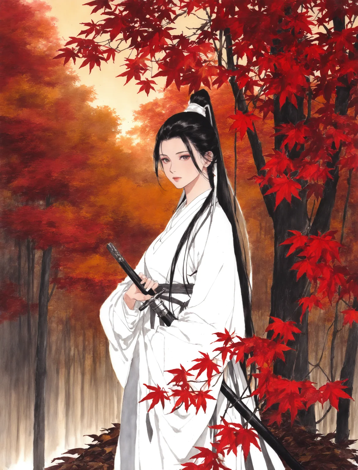 autumn leaves, autumn,forest, dusk, red flower, leaf piles
1girl, solo, long hair, looking at viewer, expressionless, closed mouth,
black hair, long sleeves, ponytail, white hanfu,
holding sword, sheath, from side, (closed-up:1.2),
traditional media,
masterpiece, absurdres,
<lora:freehandink_V1:1>
<lora:hand 5.5:1>