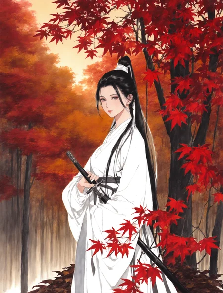 autumn leaves, autumn,forest, dusk, red flower, leaf piles
1girl, solo, long hair, looking at viewer, expressionless, closed mouth,
black hair, long sleeves, ponytail, white hanfu,
holding sword, sheath, from side, (closed-up:1.2),
traditional media,
masterpiece, absurdres,
<lora:freehandink_V1:1>
<lora:hand 5.5:1>