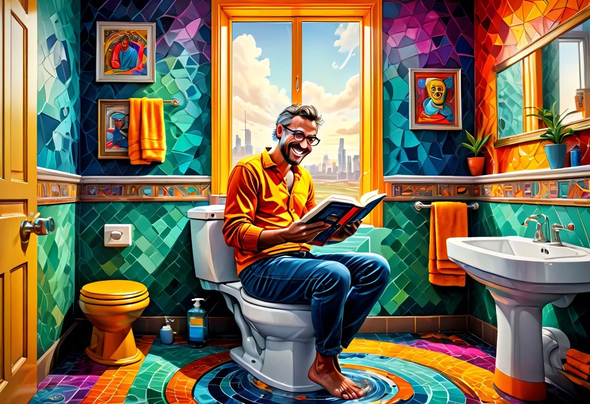 a colored painting of a bathroom interior, a man sitting on toilet reading a book and smiles because he is amused about the funny things he is reading in the book, stadium , (8k, RAW photo, best quality, masterpiece:1.2),best quality, ultra high res,(sharp focus:1.2),DOF, geometric patterns, intricately detailed, perfectly balanced, deep fine edges, artistic photorealism,photorealism, vivid colors,, 8K, UHD, many details, extreme detailed, full of details, BadDream, Jed-Splash, <lora:ColourfullSplashStyle:0.5>