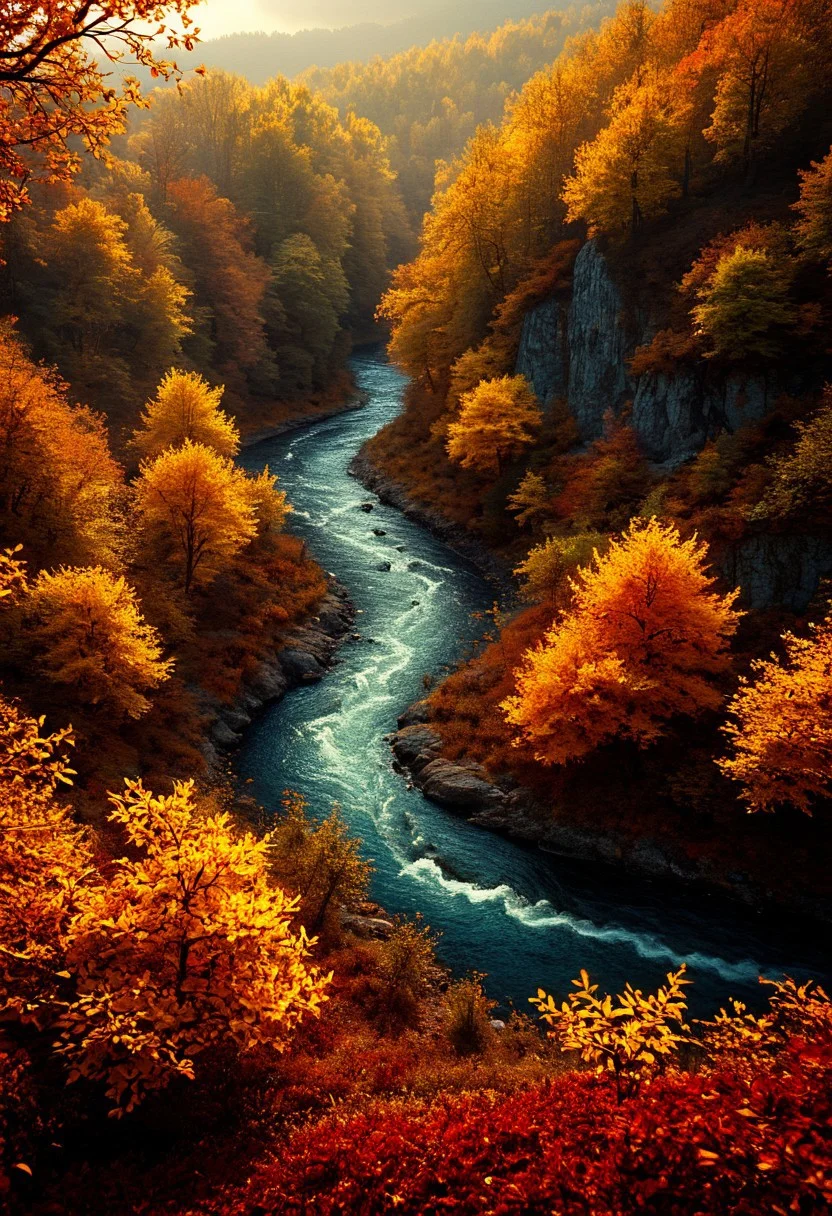 A winding river meanders through an autumn forest, reflecting the fiery hues of trees in vibrant shades of red, orange, and yellow. Oscar Ukonu’s precise shading and hyperrealistic textures bring each leaf and branch to life, capturing the richness of the fall landscape. Emile Claus’s mastery of soft, golden light casts a warm, inviting glow over the scene, enhancing the richness of the foliage. Julie Bell’s dynamic portrayal of nature adds depth and movement, as the river flows gently through the trees, creating a serene, immersive moment in the heart of autumn.
vivid colors.
detailmaximizer, aidmaMJ6.1, Movie Still, Film Still, Cinematic, Cinematic Shot, Cinematic Lighting, detailxl, flux-style, midjourneyv6.1