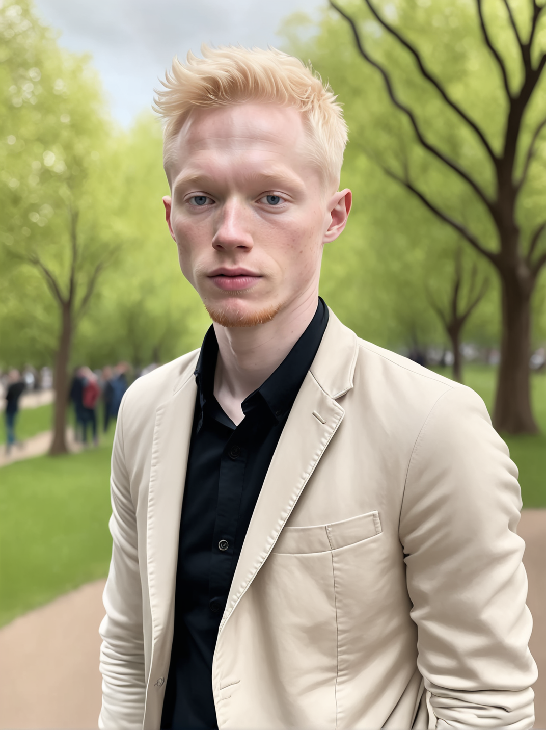 professional photograph, high resolution, 30yo drewsynthxl, portrait, solo, realistic, expressionless, albino,
face focus, ,
in the park, overcast