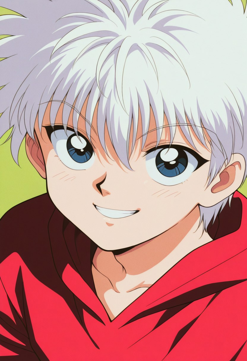 masterpiece,best quality,amazing quality, source_anime, retro_artstyle,
KiruaZorudikku, solo, 1boy, male focus, smile, looking at viewer, green background, close-up, simple background, grin, white hair, blue eyes, portrait, hoodie, red hoodie