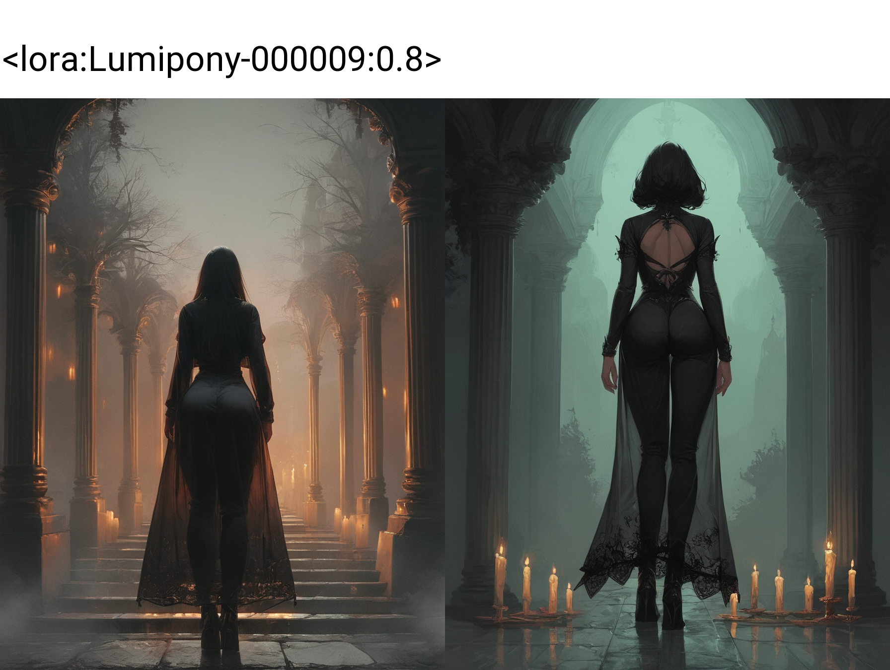 score_9, score_8_up, score_7_up, score_6_up, lum,(masterpiece, best quality, high quality, highres, ultra-detailed), full body Beautiful 1girl  in center composition casting fire column goes into the sky,transparent cape, back view,bottom view,round ass,  fire and magic, candles around  (1girl), lots of candles,night,dark,(a lot of candles:1.2),warm candlelight,rim light,(haze, fog, mist:1.3),  <lora:Sinozick_Style_XL_Pony:0.5> <lora:g0th1cPXL:0.5> <lora:Lumipony-000009:0.8>  <lora:add-detail-xl:1>