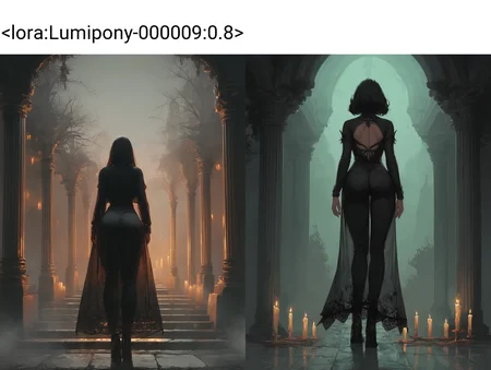 score_9, score_8_up, score_7_up, score_6_up, lum,(masterpiece, best quality, high quality, highres, ultra-detailed), full body Beautiful 1girl  in center composition casting fire column goes into the sky,transparent cape, back view,bottom view,round ass,  fire and magic, candles around  (1girl), lots of candles,night,dark,(a lot of candles:1.2),warm candlelight,rim light,(haze, fog, mist:1.3),  <lora:Sinozick_Style_XL_Pony:0.5> <lora:g0th1cPXL:0.5> <lora:Lumipony-000009:0.8>  <lora:add-detail-xl:1>