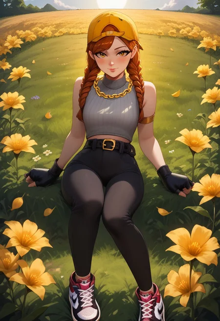 source_anime, score_9,score_8_up, score_7_up,score_6_up, anime style, uncensored, BREAK,AuraFN, girl, long orange braids, gray top, black pants, belt, gold chain, bracers, yellow cap, fingerless gloves, navel, sneakers cute blush, seductive look, flirting, the girl turns back, view from the back, flower field, sunlight, perfect face, detailed face, volumetric lighting, cinematic lighting, lying in the field, flowers, flying leaves