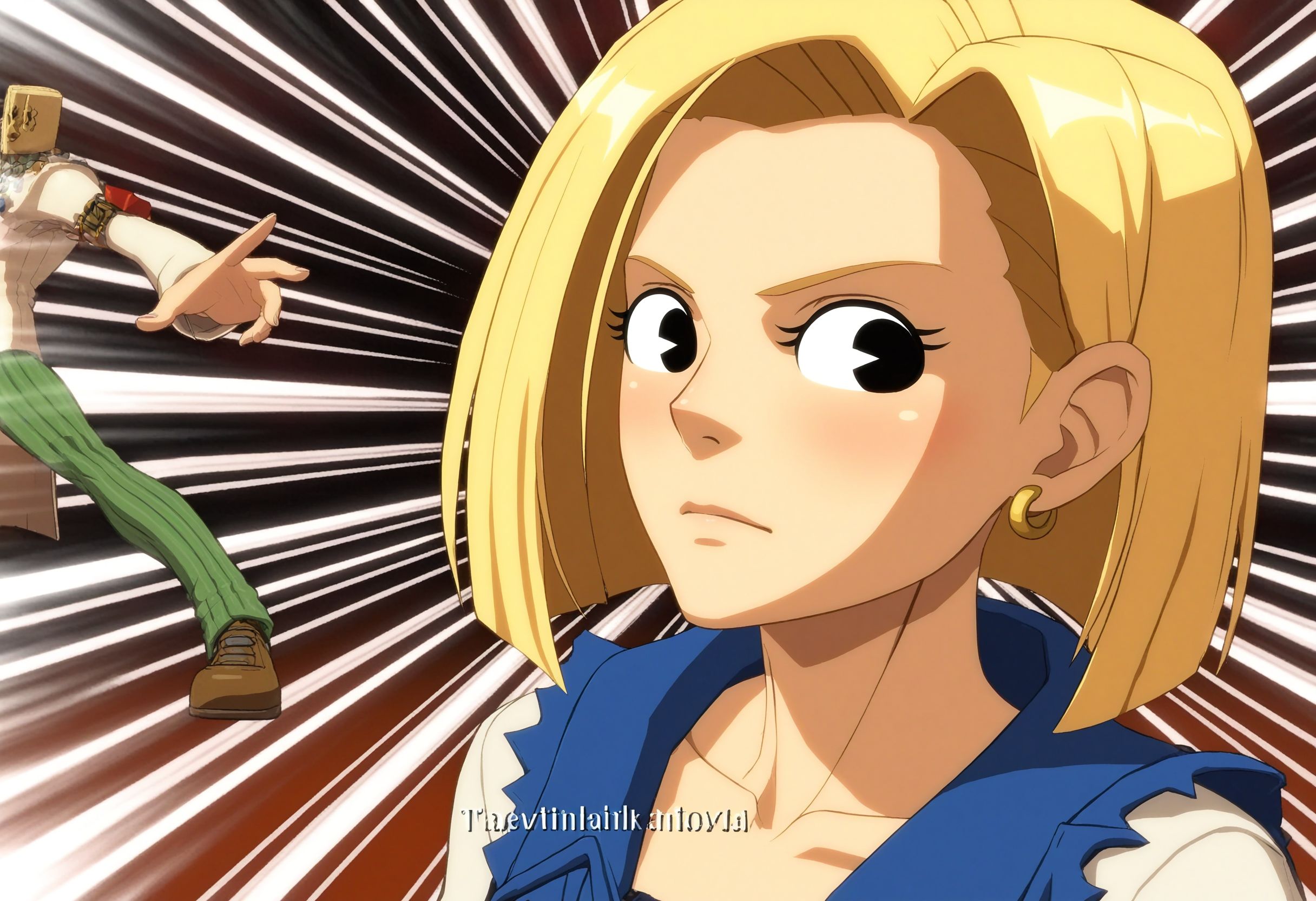 <lora:Hyper-SDXL-8steps-lora:1> <lora:Fixhands_anime_bdsqlsz_V1:1> zPDXL2, score_9, score_8_up, score_7_up, source_anime, intricate details, perfect anatomy BREAK
1girl, 
android 18, (dragon ball:0.8), blonde hair, medium hair, blue eyes, denim shorts, 
GGXrd-this-is-me, 
<lora:GGXrd-this-is-me-cute_XL(pony)v10:1>