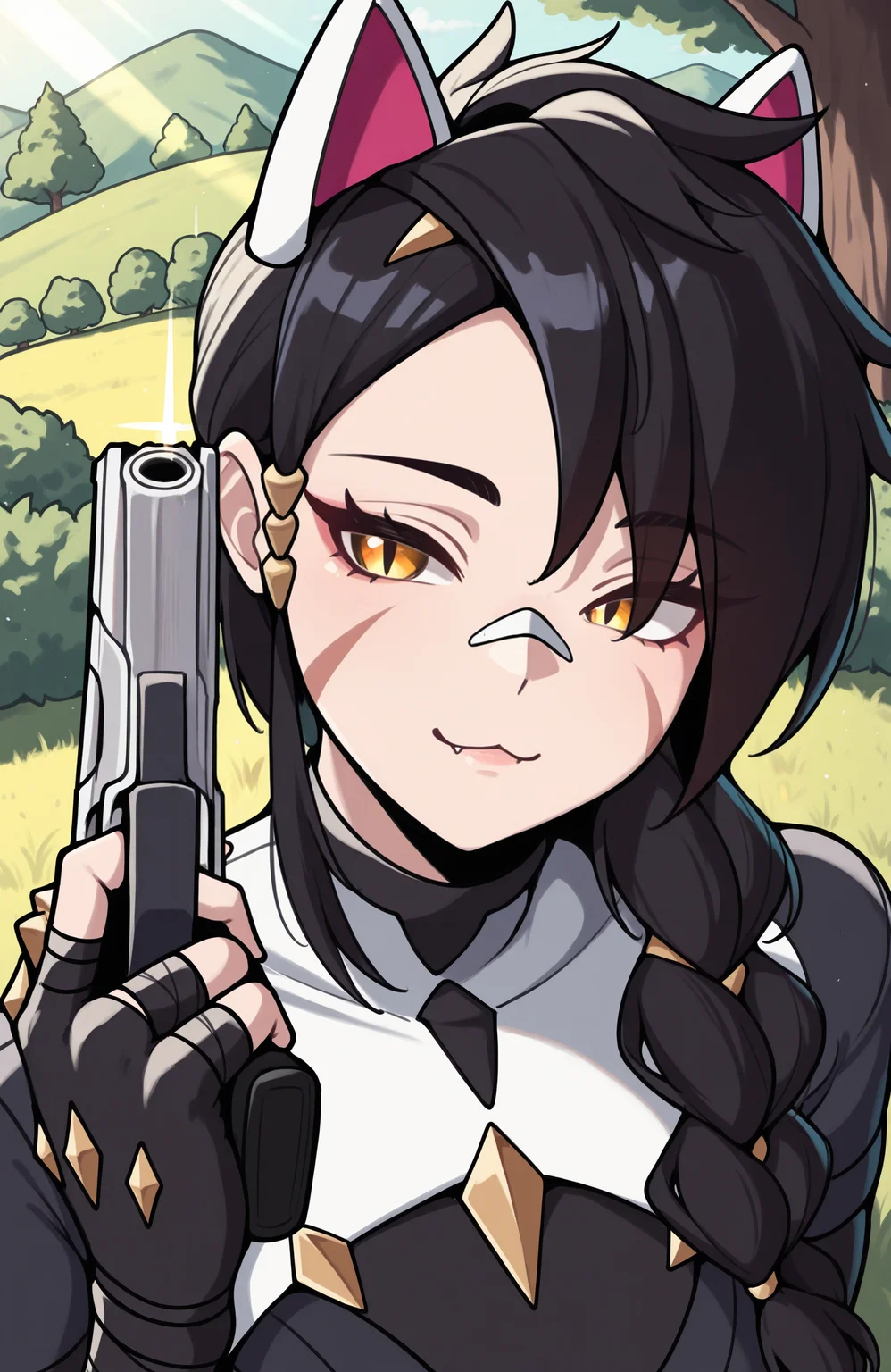 masterpiece, high quality, best quality, newest, 1girl, solo, erisafn, slit pupils, yellow eyes, scar on face, long hair, bandaid on nose, single braid, black hair, white animal ears, fingerless gloves, brass knuckles, black bandages, black bodysusuit, portrait, handgun, holding gun,, :3, facing viewer, light rays, field, bush, hill, tree, <lora:ErisaFNIlluV1-000006:1>