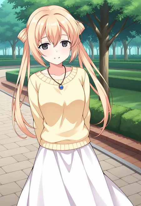 1girl, solo, fgmeiilus, blonde hair, twintails, hair rings, black eyes, yellow shirt, sweater, pendant, white long skirt, outdoors, park, arms behind back, smile, parted lips, standing, cowboy shot,