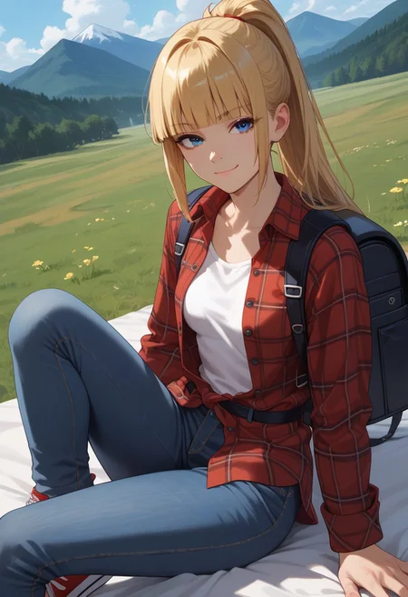 (score_9, score_8_up, score_7_up),
dutch angle,
1girl, solo, blonde hair, blue eyes, long hair, hime cut, bangs, small breasts, windy hair, ponytail, ass, backpack, (reclining:1.3), collarbone, picnic,
flannel shirt, red flannel, white t-shirt, unbuttoned, jeans,
BREAK, sneakers, mountain trail, cowboy shot, looking at viewer, smug