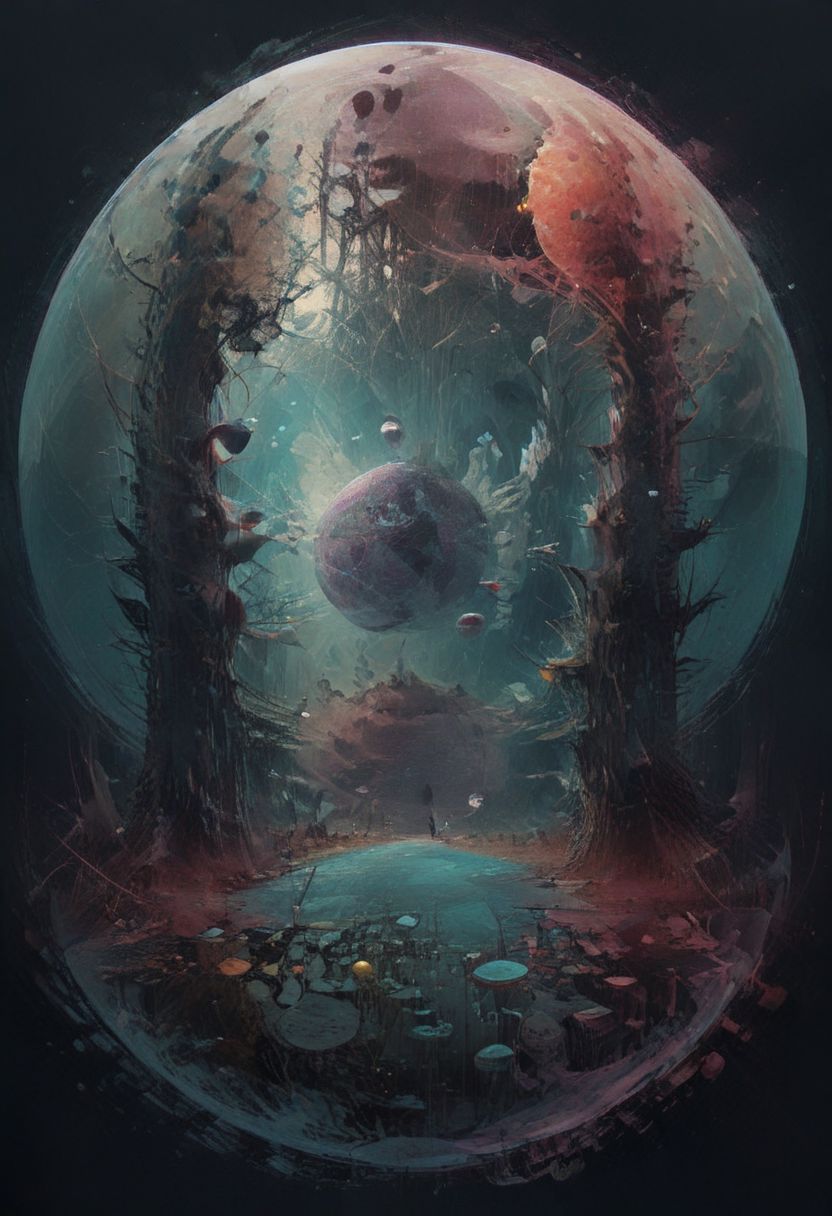 Surreal circles glitchcore, double exposure, poster style, geometric, circles and spheres, glitchy, eerie