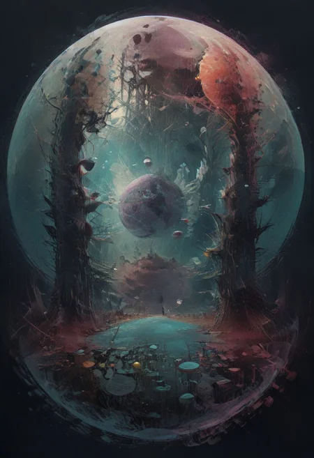 Surreal circles glitchcore, double exposure, poster style, geometric, circles and spheres, glitchy, eerie