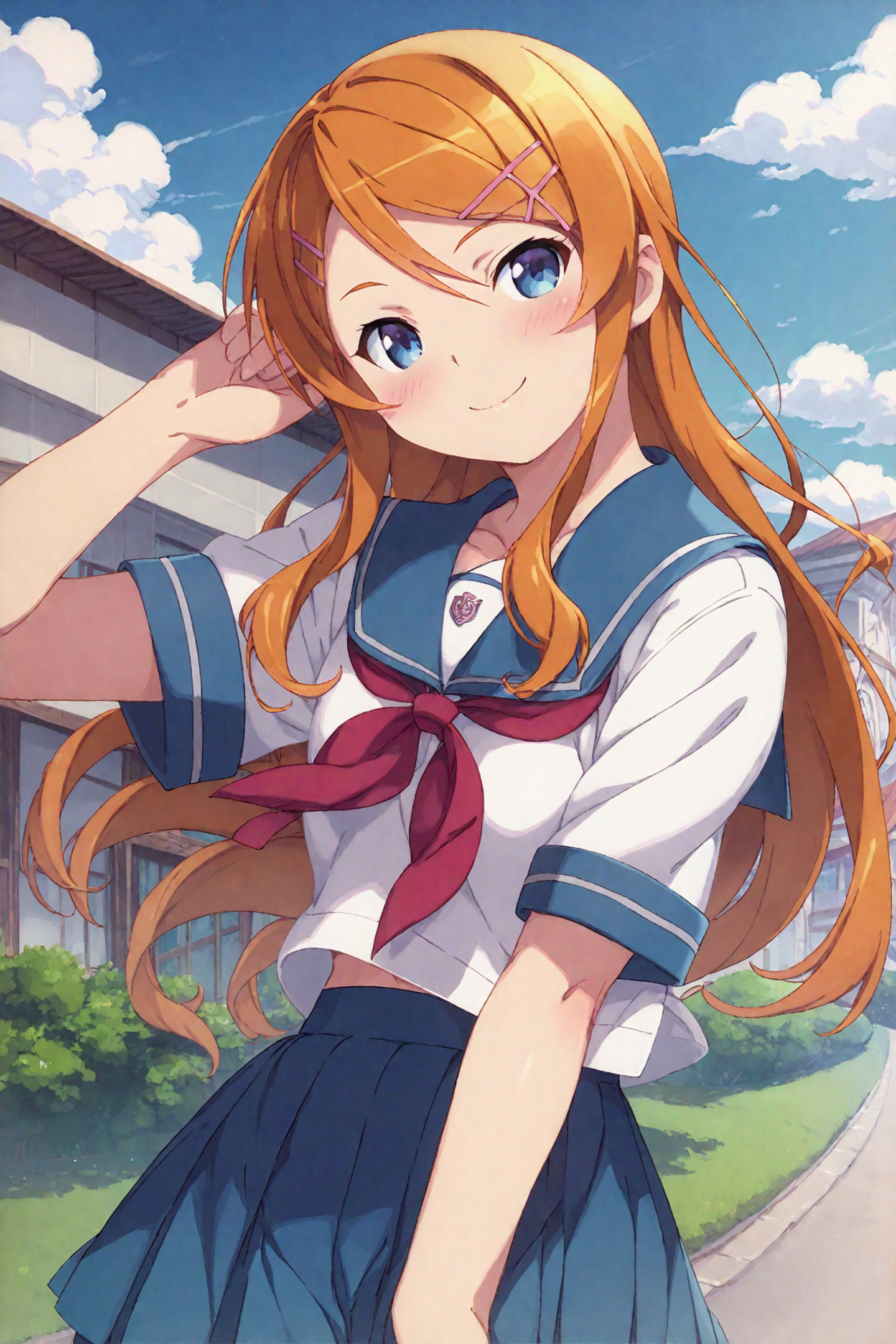 score_9,score_8_up,score_7_up,masterpiece,best quality,
Kanzaki Hiro Style,
1girl,school uniform,kousaka kirino,long hair,solo,serafuku,hair ornament,smile,blue eyes,kousaka kirino's school uniform,hairclip,orange hair,blush,
<lora:super lora_flyx3_XL_PONY:0.9>,